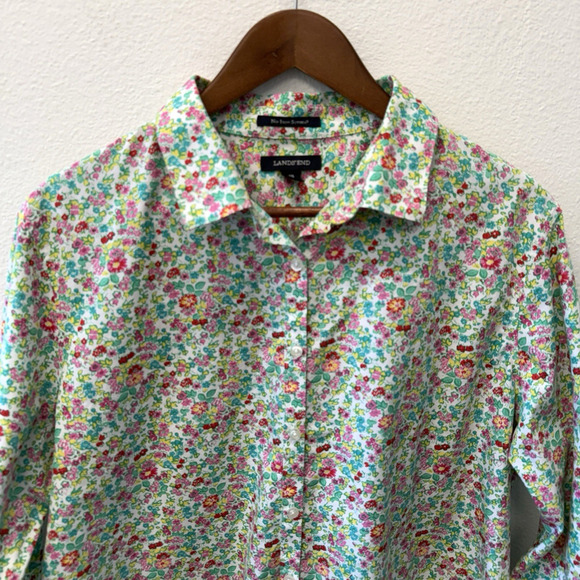 Lands End Button Up Shirt Womens Size 18 Green Floral No Iron Supima Cotton - Picture 2 of 7